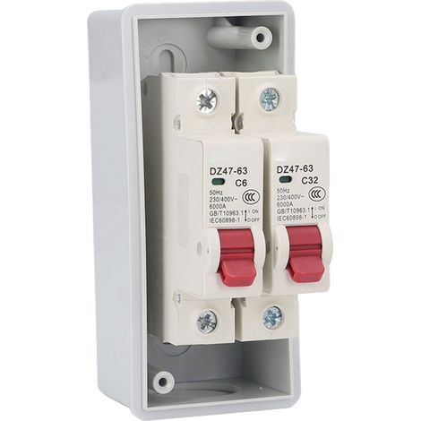 Boîte de distribution IP65 étanche 2 modules ignifuge C32A 6A, coffret étanche extérieur avec disjoncteur type C, boîtier de répartition modulaire étanche pour usage extérieur (1/5)