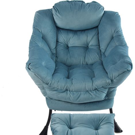 Sillón relax con reposapiés, azul, tela y metal, con reposabrazos y bolsillo lateral (1/5)