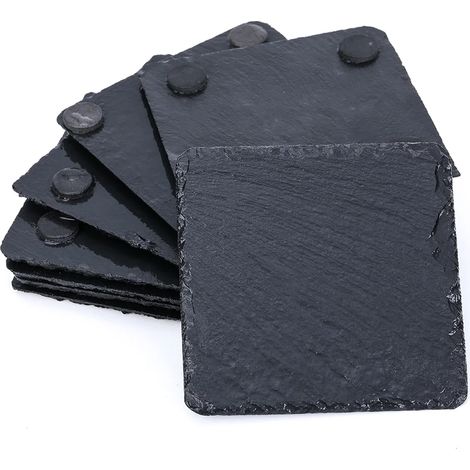 Set mit 8 quadratischen schwarzen Schieferuntersetzern (10 x 10 cm), ideal für Bars, Küchen und als Wohnaccessoires.