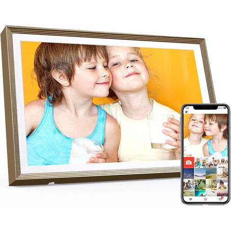 Digitaler Bilderrahmen 10,1 Zoll mit WLAN, 32 GB Speicher, IPS Touchscreen, WiFi-Fotoübertragung, elektronischer Fotorahmen, Wüsten-Gold