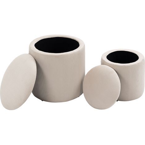 Ensemble pouf/tabouret de rangement en velours côtelé (2 pièces), diamètres respectifs de 40 cm et 30 cm, beige (1/5)
