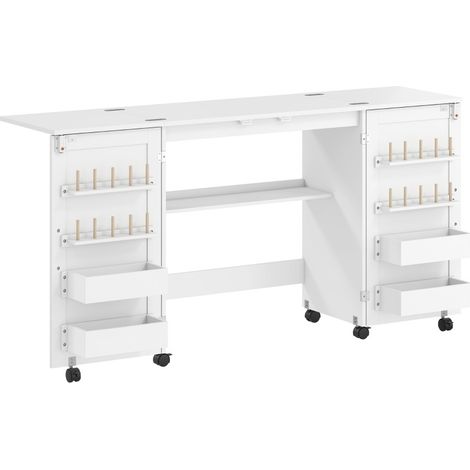 MODFU – Tavolo da cucito pieghevole 160x40x81 cm con 20 portarocchetti, vano contenitore e ruote, MDF per laboratorio – Bianco (1/5)