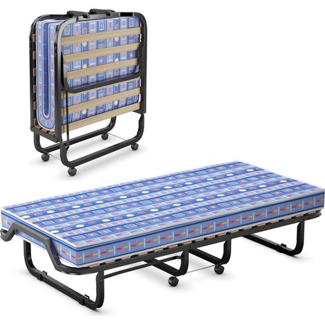 Lit d'Appoint Pliable sur Roulettes 80 x 200 CM Lit Pliant Matelas en Mousse 10 CM 15 Lattes de Lit en Bois Bleu Maison Chic (1/4)