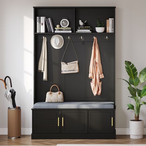 Attaccapanni da ingresso in pannello truciolare nero con 6 ganci, panca e scarpiera, 120 x 40 x 191 cm, autoportante (1/5)
