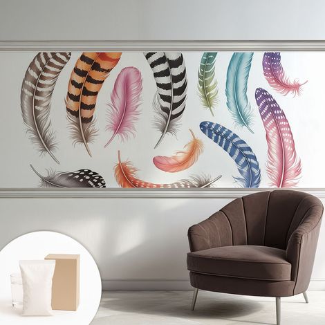 Papier peint intissé avec imprimé pour décoration intérieure pour rénovation a motif - Colle incluse gratuite Plumes pastel 250x104 cm (1/5)
