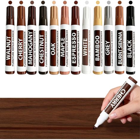 Stylo Marqueurs pour Réparation de Meubles en Bois Couleurs Variées pour Parquet, Meubles, Portes et Cadres set de réparation en stratifié Entretien Facile,Séchage Express (12, coloré, 12 Millilitres) (1/4)