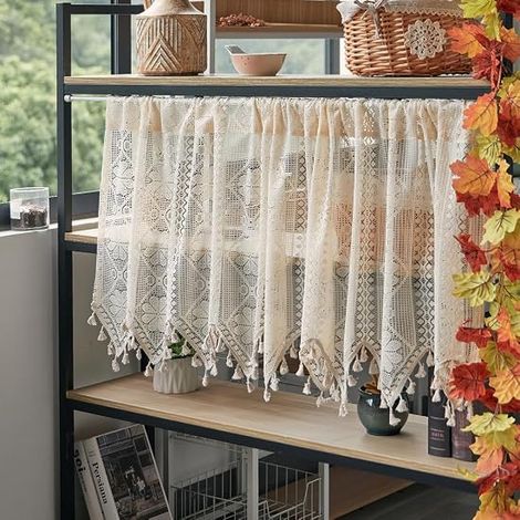 JSSEVN - Sheer lace curtains with rustic fringe, floral embroidery, window decoration, rod pocket, hollow short curtain (beige, 59" x 24") (1/5)