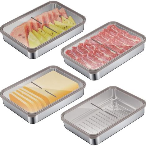 Boîte De Rangement - 4 Pièces - Couvercle Transparent - 20 x 14 x 4 cm - Acier Inoxydable - Lave-vaisselle Et Four Autorisés - Empilable - Fond À Relief Anti-adhérent (1/5)