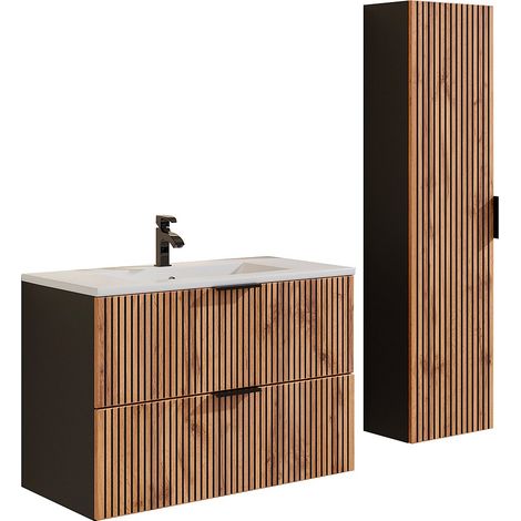 Vente-Unique – Meuble sous vasque suspendu 80 cm – MDF rainuré naturel clair et noir – 2 tiroirs soft close – Colonne assortie à suspendre