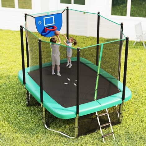 Trampoline Rectangulaire d'Extérieur 317x255cm avec Panier de Basketball But de Football Échelle Antidérapante Filet de Sécurité Vert (1/5)