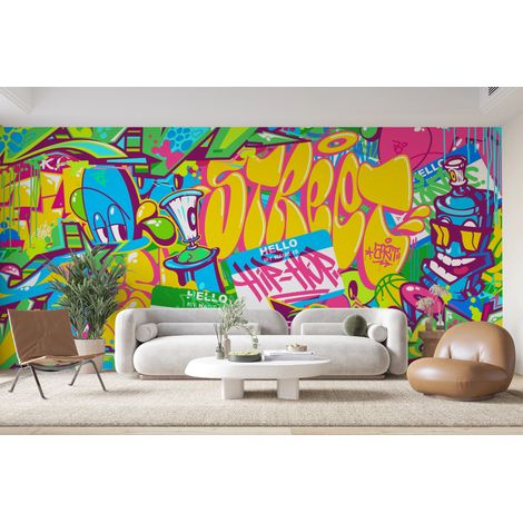 Papier peint graffiti - tags urbains multicolores et personnages - 500 x 270 cm (1/2)