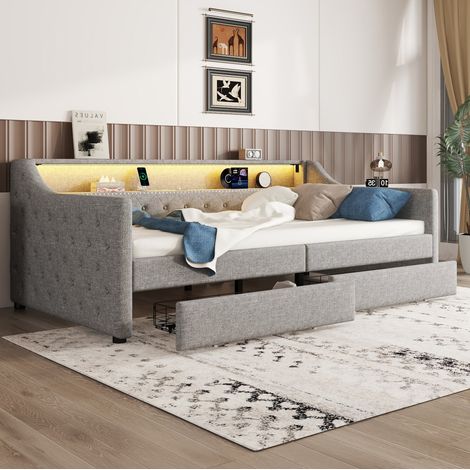 Tagesbett 90x200 cm grau aus Leinen und MDF mit LED-Licht, USB-Anschluss und 2 Schubladen (1/5)
