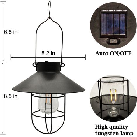 Lanterne Solaire Suspendue de Jardin LED Noire Grande Lampe à Filament Tungstène avec Crochet en S