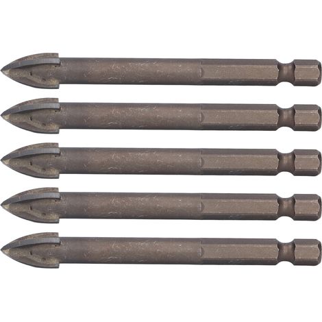 Lot de 5 forets cruciformes à queue hexagonale de 6,35 mm (1/4 po) pour carrelage, verre, céramique et béton, outil en alliage dur de 10 mm (1/5)