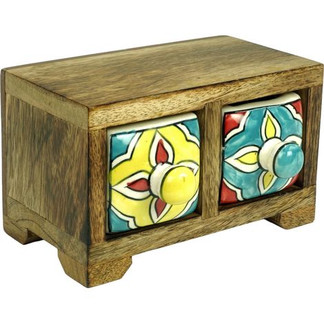Gewürzregal mit 2 Schubladen, aus Holz und Keramik – farbenfrohes Design