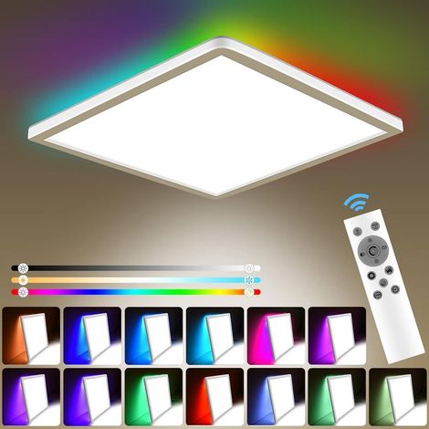 Plafonnier Led, 24W Plafonnier Carré Dimmable avec Télécommande,3200 lm Plafonnier LED Chambre 3000K-6000K,13 RGB Couleur Plafond, Etanche IP54 Lampe LED Plafond pour Salle de Bain,Cuisine,Salon (1/5)