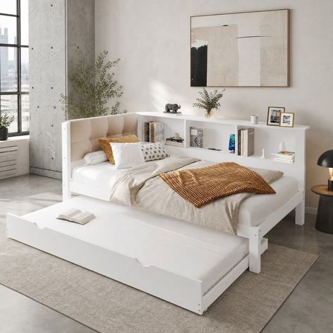 Lit banquette 90x200 cm blanc en pin avec lit gigogne, LED réglable, étagères et port USB (1/5)
