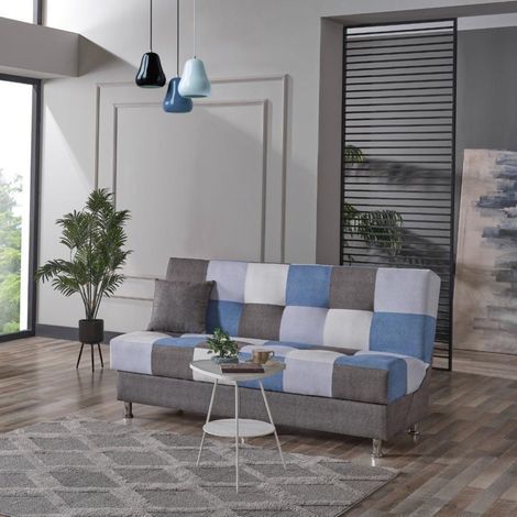 Divano letto 190 cm a 3 posti patchwork blu con contenitore - PRIMUR (1/5)