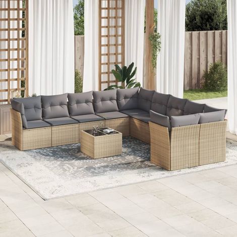 Ensemble de Jardin 11 Pièces en Résine Tressée Beige avec Coussins Crème, Table Verre Trempé 55x55cm, Modulaire (1/3)