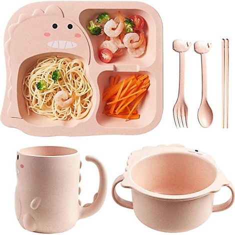 Service de table Bcaer pour enfants, ensemble de 6 pièces comprenant assiette, bol, tasse, cuillère et fourchette, motif petits dinosaures, rose (1/5)