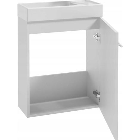 Meuble de salle de bains avec vasque suspendue blanche laquée 50x70 cm (petit modèle) et robinet chromé allongé (1/5)