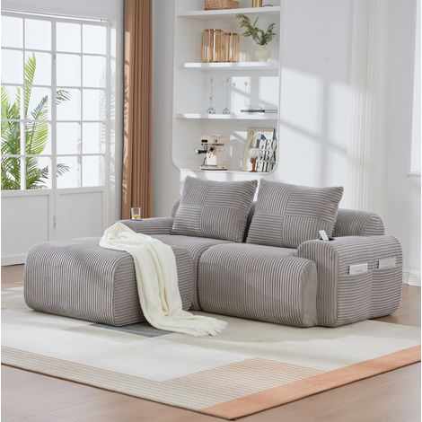 Sofa 2-Sitzer modular aus Cord in Hellgrau, 200x174x80 cm, mit Hocker, Cupholder und seitlicher Aufbewahrungstasche (1/4)