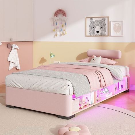 Lit Rangement Enfant 90x200cm avec Eclairage LED - Lit Enfant - Design Rose Mignon, Tete de Lit Douce et Espaces Ouverts Pour Jouets (1/5)