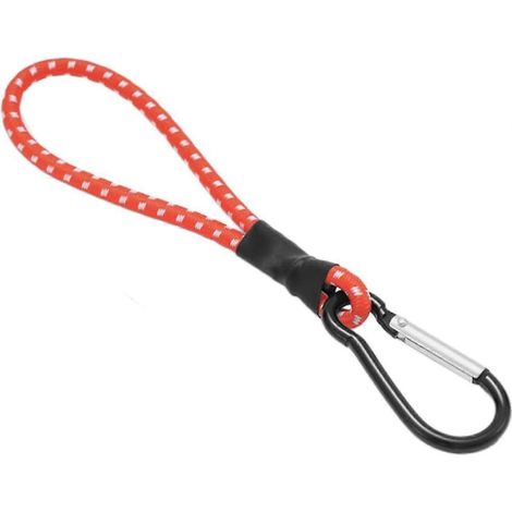 Corde élastique courte et résistante avec mousqueton, rouge et blanche, idéale pour le camping et la fixation de bâches. (1/4)