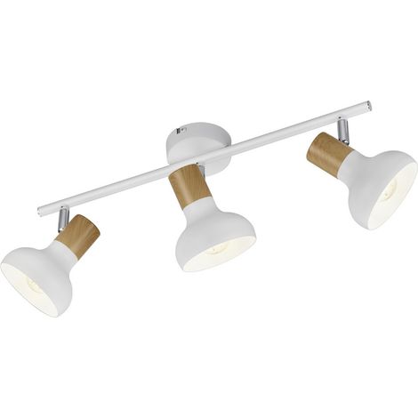 Spot plafonnier moderne blanc 3 lumières, barre en bois, E14, 10W