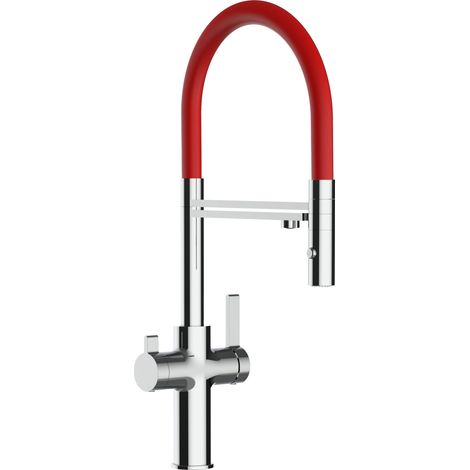 3 Wege Wasserhahn Küchenarmatur Spültischmischer, Verchromt mit 360° schwenkbarem Auslauf, abnehmbare 2 strahl Handbrause, Flex-Schlauch oben in Rot - VZFC Linie (1/5)