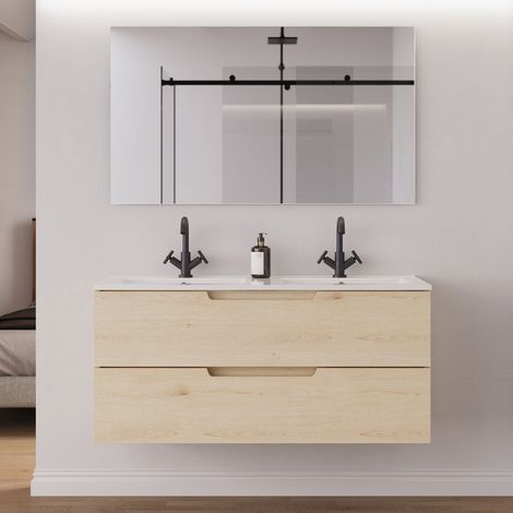 Meuble de salle de bain 120 cm double vasque - 2 tiroirs - roble calima (bois clair) - SONRIZA (1/5)