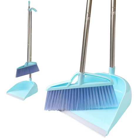 Broom Dustpan Set, Windproof, Vertical Long Handle Broom Dustpan Kit, Dustpan Combination for Home Cleaning (Blue) (1/5)