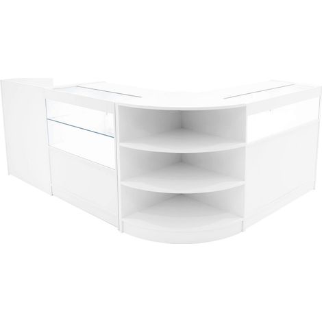 Set Mostradores Comerciales "EUROPA"   Blanco LM60 + B900 + C900 + TB60 MDF y vidrio templado  Estantes y puertas corredizas con cerradura  Fácil Montaje  Mostrador Recepción Expositor Comercial Mesa