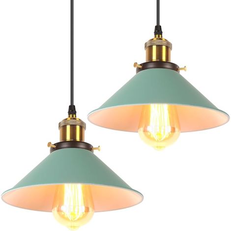 Lot de 2 Lustres Rétro Suspension Luminaire Vintage 22CM Métal Plafonnier Abat-jour Industriel E27 Lampe de Plafond pour Salon Cuisine Chambre Restaurant (Vert) (1/5)