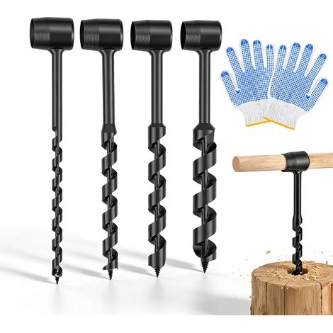 Tarière manuelle pour bois lot de 4, foret à main en acier lourd, diamètre 10‑25 mm, outil bushcraft pour survie, camping et travaux extérieurs, compatible bâton en bois (1/5)