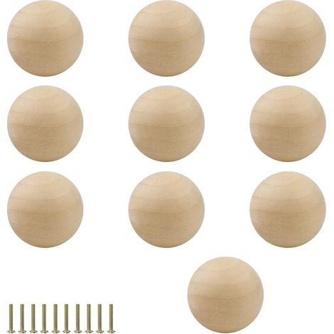 Lot de 10 poignées de meuble en bois 35 mm de diamètre 35 mm avec vis, surface lisse, pour armoires et tiroirs (1/5)