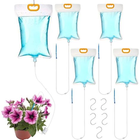 Kit di 5 sacchetti per irrigazione automatica (3,5 l) con interruttore di controllo regolabile, sistema di irrigazione a goccia per piante, dispositivi di irrigazione per vasi, per uso interno, estern