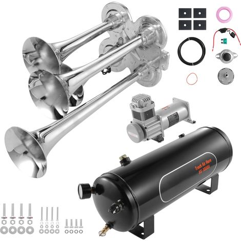 Mophorn Set Clacson da Camion Auto, Set da 4 Trombe Clacson 150 dB per Camioncini,Compressore deAria da 12V Pressione 120 PSI, Serbatoio 12 Litri con Manometro per Veicolo a 12V,Camion, Furgone, Barca