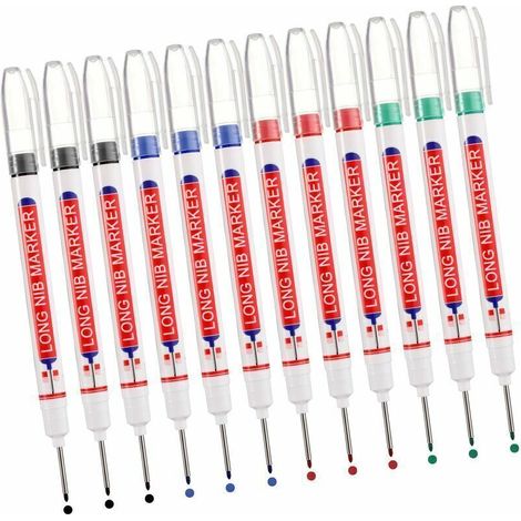 Marqueurs Trou Profond, 12pcs Marqueur Charpentier, Stylo Marqueur Indélébile à Pointe Longue de 20 mm, Marqueur de Precision Chantier (Noir Bleu Rouge Vert) (1/4)