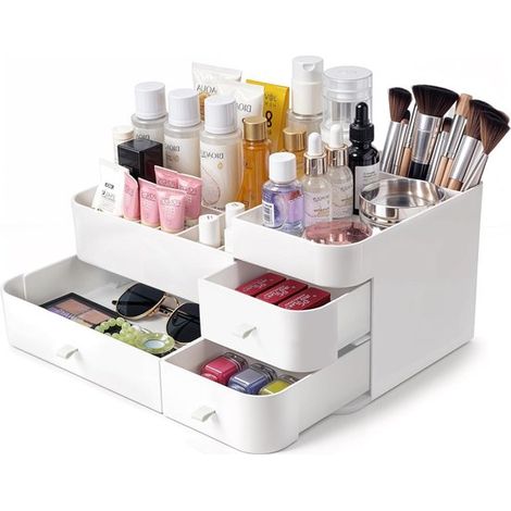 Organizador de maquillaje grande blanco con múltiples compartimentos y 3 cajones,Vitrina para productos cosméticos (1/5)