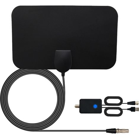 Antenne TV Intérieure - Amplificateur de Signal Intégré - Réception 4K 1080P Ultra HD - Câble Coaxial 3,6 M - Compatible Tous Téléviseurs