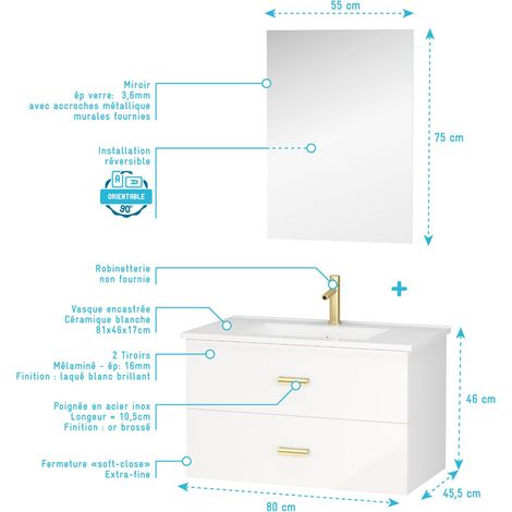 meuble salle de bains 80 cm laqué blanc et or doré à tiroirs avec vasque céramique et miroir — vue 4