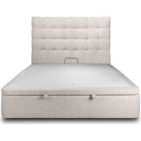 Lit coffre 200x200cm avec tête de lit capitonnée Bouclette Beige - Hauteur totale : 39cm (1/5)
