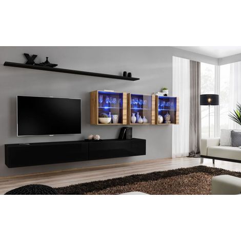 Ensemble mural - Switch XVII - 3 vitrines LED - 2 banc TV - 2 étagères - Bois et noir - Modèle 2 - Livraison gratuite