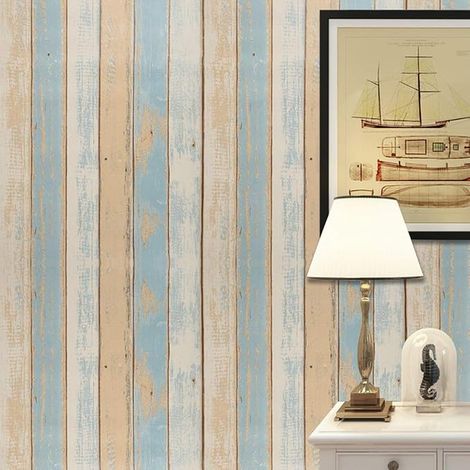 FENTIS Papier Peint en Bois Auto-Adhésif Brun-Bleu à Rayures en Bois Une Fiche de Contact Papier Peint Amovible Cuisine Porte Armoire Bar Comptoir Chambre 44.5x500cm (1/4)