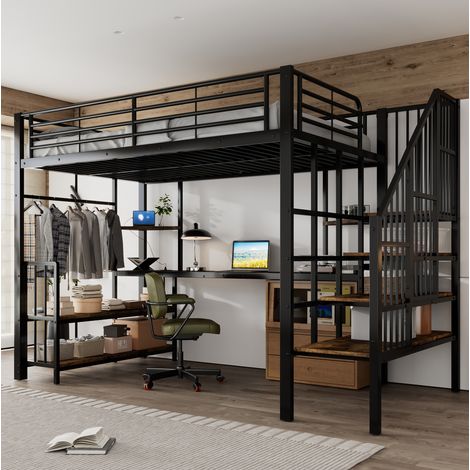Letto rialzato bambini 120x200 cm con scala con corrimano, porta USB, armadio aperto e ripiani portaoggetti, senza materasso, nero (1/5)