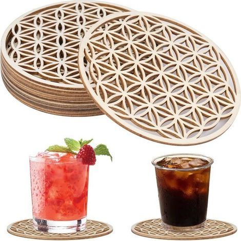 10 Pieces Wooden Coasters, 10 x 10 cm Flower of Life Design, Round Wooden Coasters (1/4)
