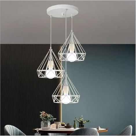 Lustre Salon Blanc Lampe Suspension Luminaire en Cage Diamant Industrielle Style Edison pour Chambre Cuisine (1/4)