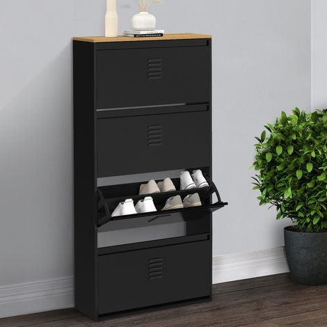 Zapatero de gran capacidad ESTER con 4 puertas de metal negro para 24 pares de zapatos y tapa de madera de diseño industrial