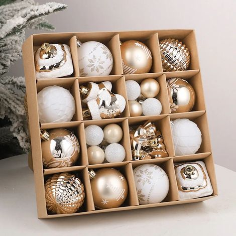 42 Weihnachtsdekorationen, darunter Kugeln in verschiedenen Ausführungen und Plastikkugeln in Champagner, Gold und Weiß, perfekt zum Schmücken Ihres Weihnachtsbaums und Ihrer Inneneinrichtung. (1/5)